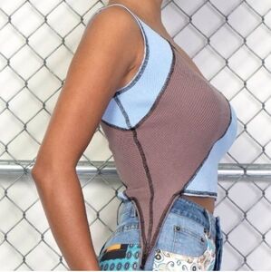 Callie Lives Blue and Brown Crop Top Asymmetrical Design